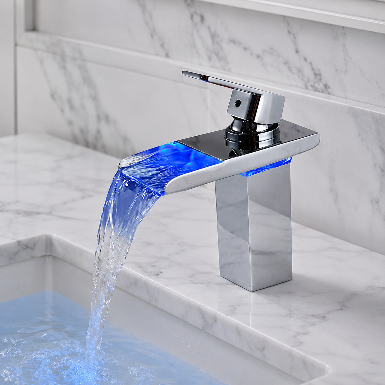 Lagomel waterfall single-hole bathroom faucet in chrome, matte black, rose gold, polished gold, brushed nickel, brushed, set in a Contemporary/Modern bathroom
