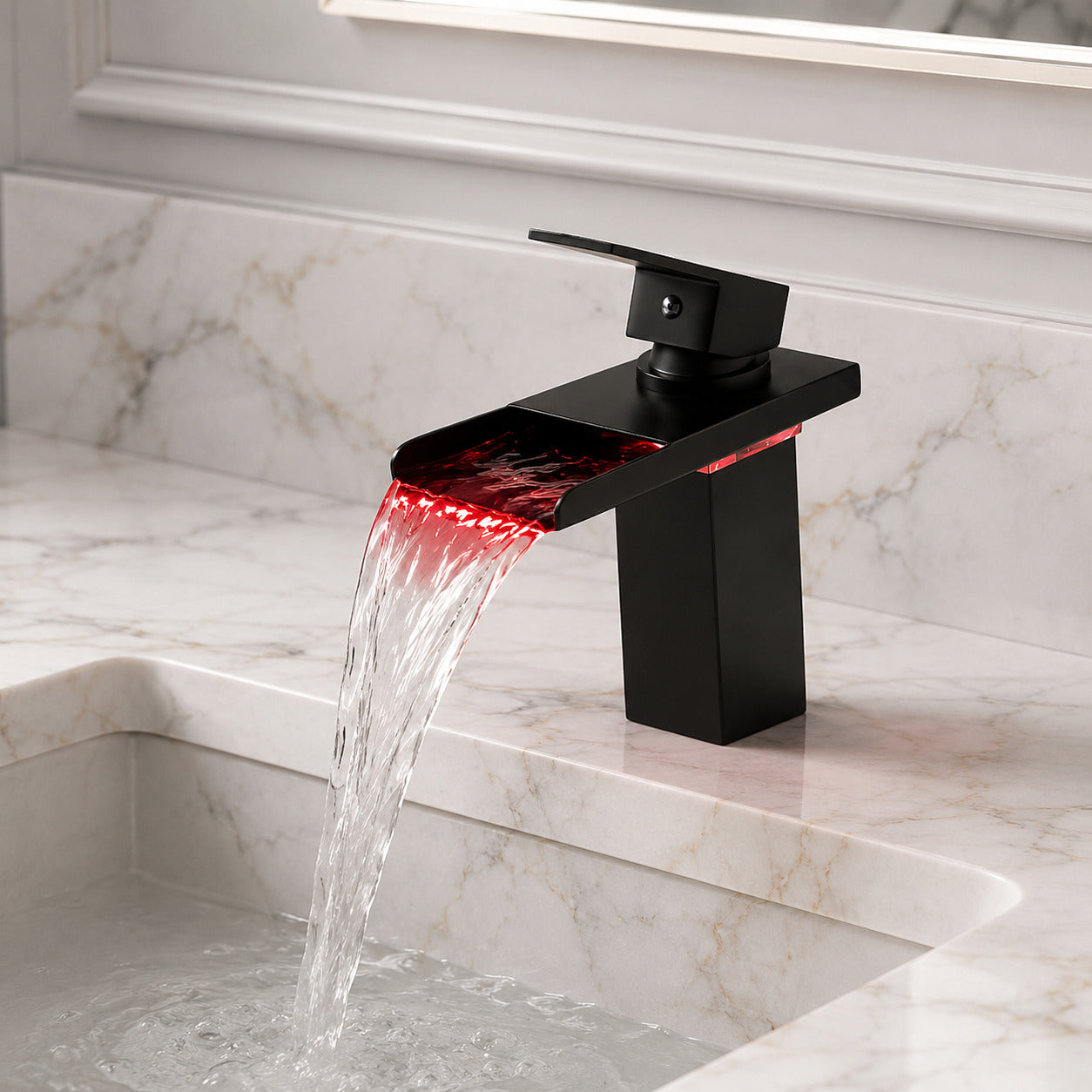 Lagomel waterfall single-hole bathroom faucet, set in a Modern/Minimalist bathroom