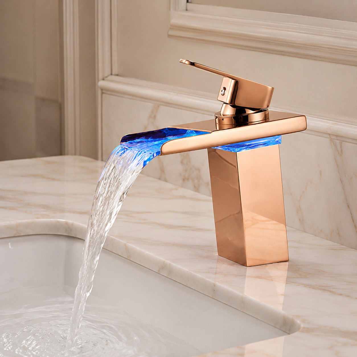 Lagomel waterfall single-hole bathroom faucet, set in a Modern/Minimalist bathroom