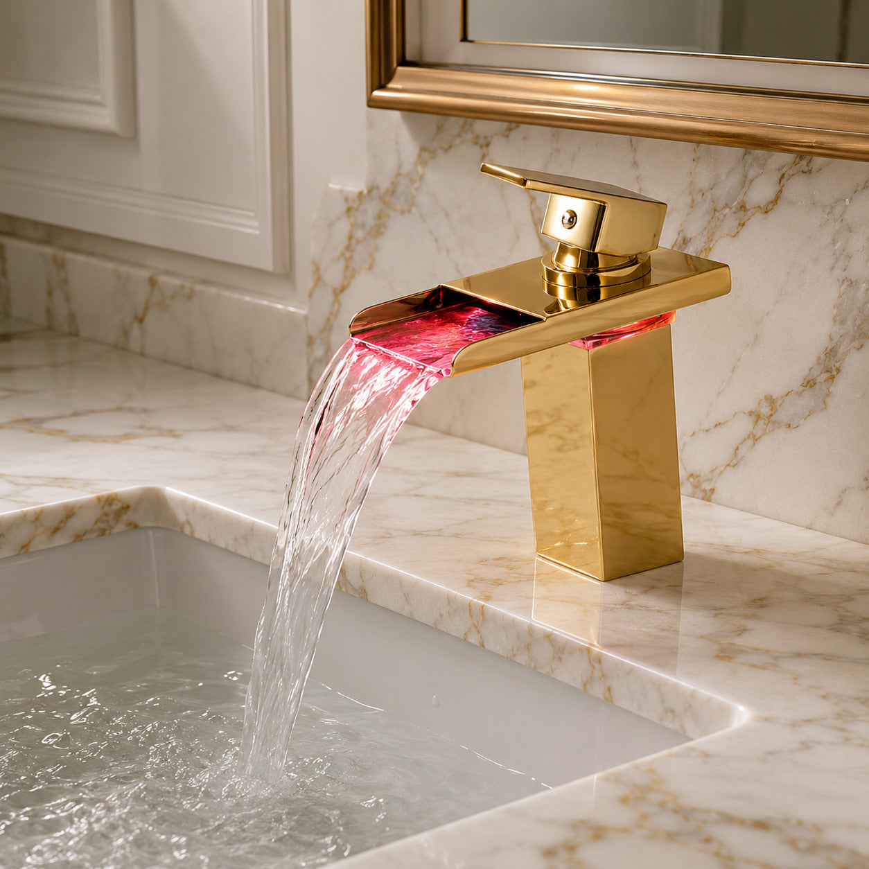 Lagomel waterfall single-hole bathroom faucet, set in a Modern/Minimalist bathroom