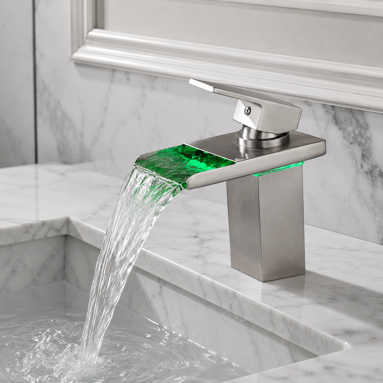Lagomel waterfall single-hole bathroom faucet, set in a Modern/Minimalist bathroom
