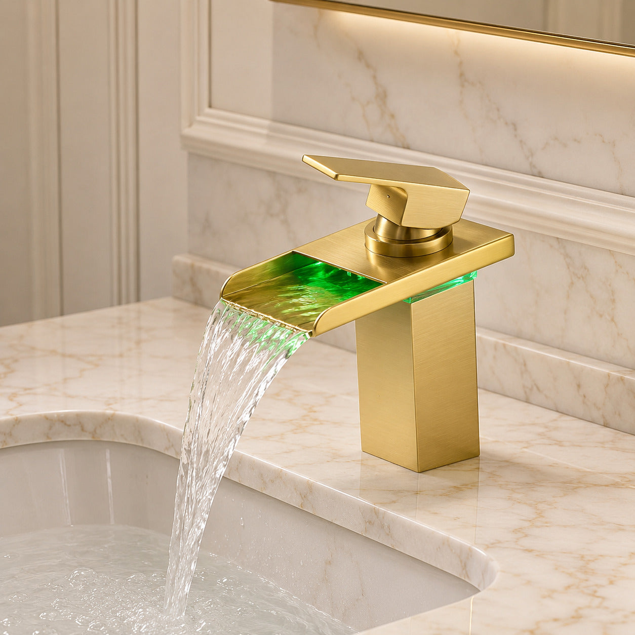 Lagomel waterfall single-hole bathroom faucet, set in a Modern/Minimalist bathroom