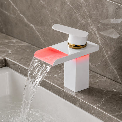 Lagomel waterfall single-hole bathroom faucet, set in a Modern/Minimalist bathroom
