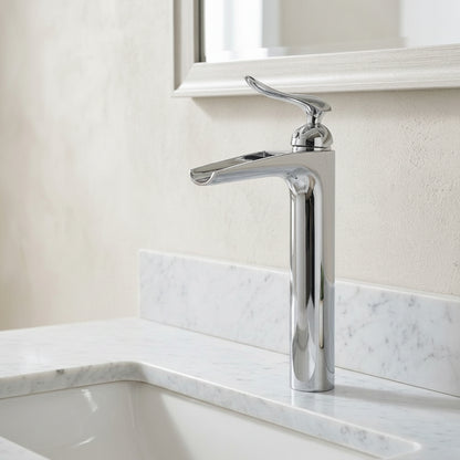 Lagomel waterfall single-handle vessel sink faucet in chrome, brushed nickel, oil-rubbed bronze, set in a Modern/Contemporary bathroom