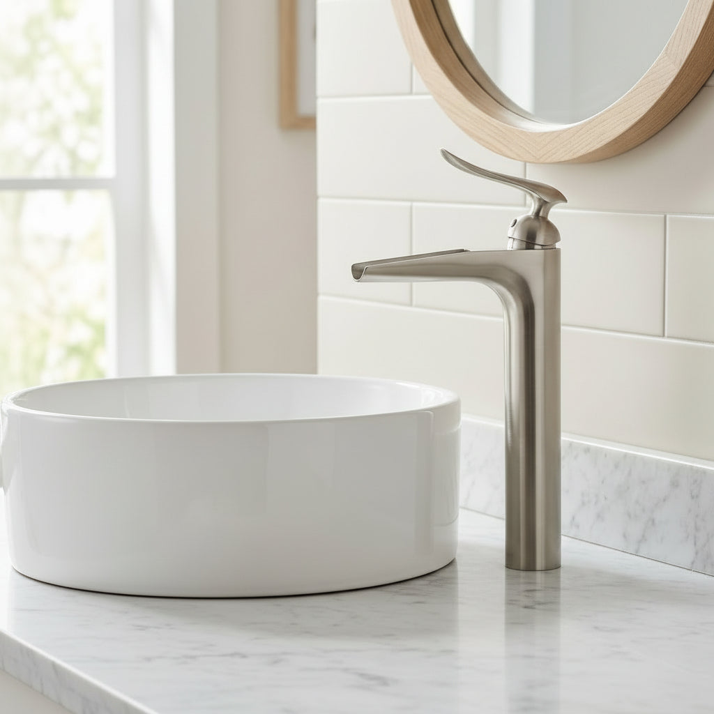 Lagomel waterfall single-handle vessel sink faucet, set in a Modern/Contemporary bathroom