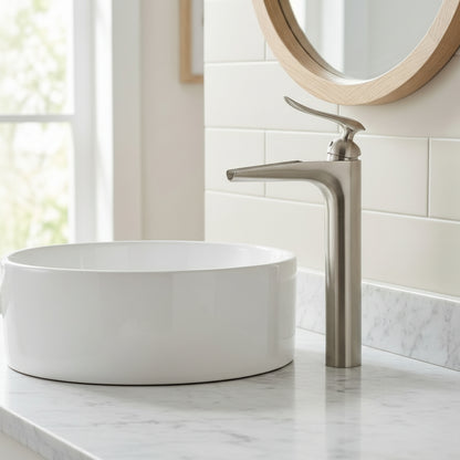 Lagomel waterfall single-handle vessel sink faucet, set in a Modern/Contemporary bathroom
