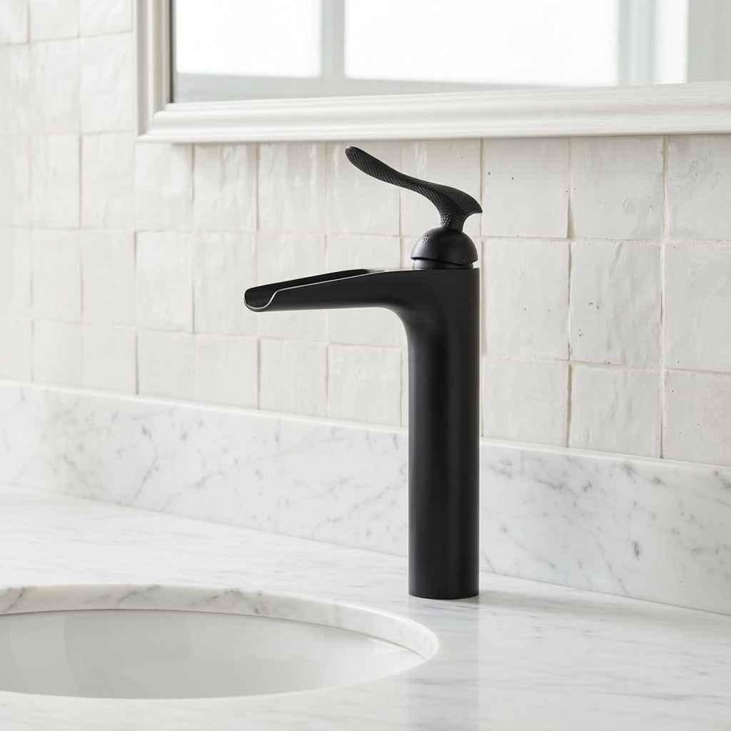 Lagomel waterfall single-handle vessel sink faucet, set in a Modern/Contemporary bathroom