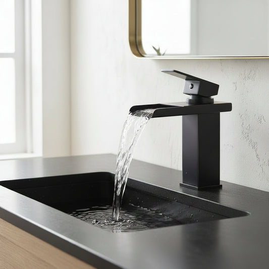 Lagomel waterfall single-hole bathroom faucet in matte black, oil-rubbed bronze, set in a Contemporary bathroom