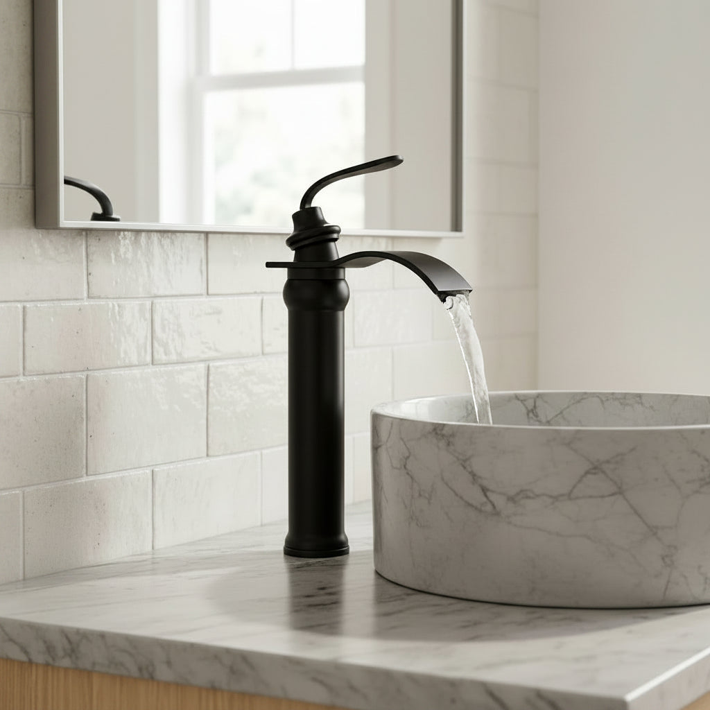 Lagomel waterfall single-handle vessel sink faucet in matte black, oil-rubbed bronze, set in a Modern/Traditional/Classic bathroom