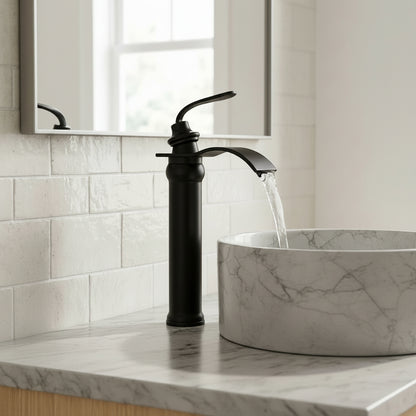 Lagomel waterfall single-handle vessel sink faucet in matte black, oil-rubbed bronze, set in a Modern/Traditional/Classic bathroom