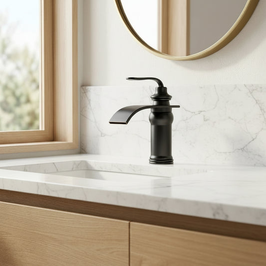 Lagomel waterfall single-hole bathroom faucet in oil-rubbed bronze, set in a Traditional/Classic/Vintage/Retro/Art Deco bathroom