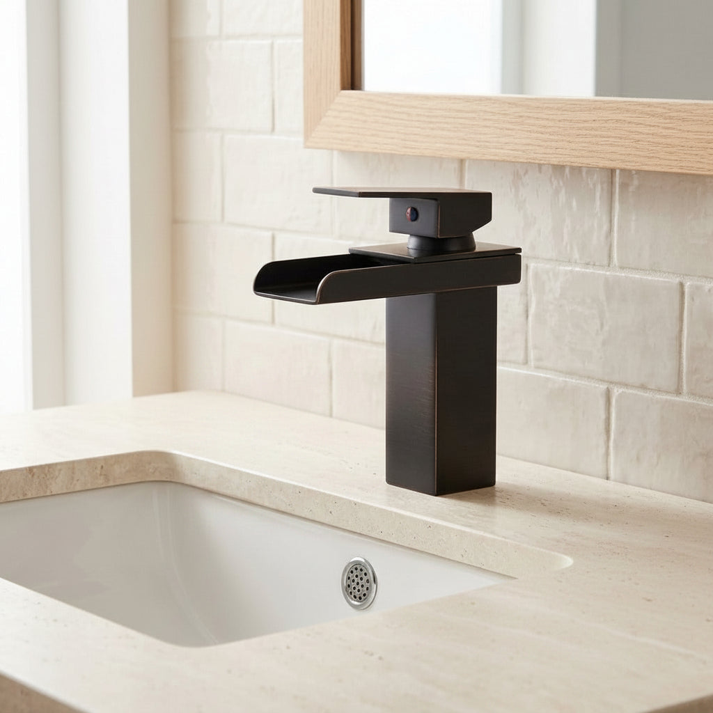 Lagomel waterfall single-hole bathroom faucet in matte black, set in a Modern/Contemporary bathroom