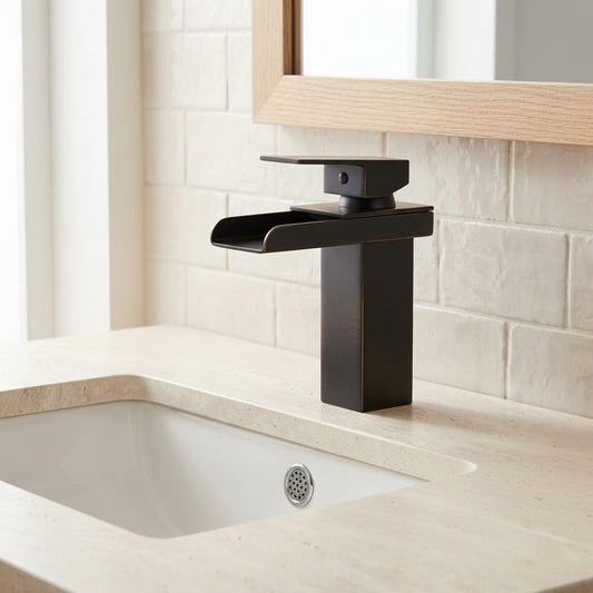 Lagomel waterfall single-hole bathroom faucet in matte black, set in a Modern/Contemporary bathroom