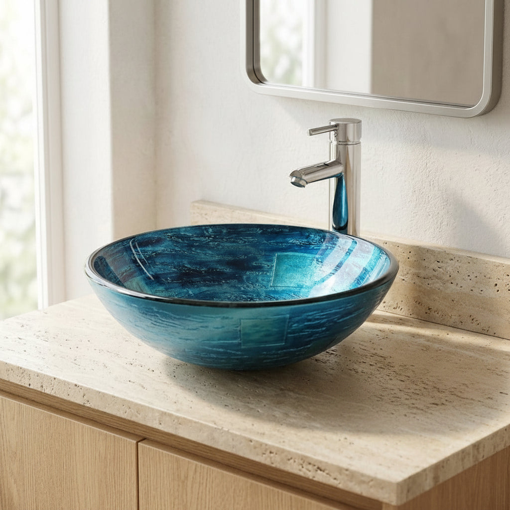 Lagomel single-hole faucet and sink set in chrome, set in a Contemporary/Modern bathroom
