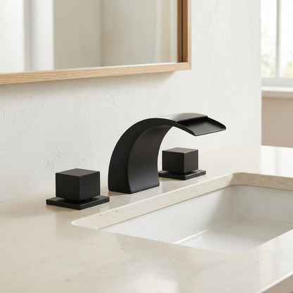 Lagomel waterfall double-handle widespread bathroom faucet in matte black, brushed nickel, chrome, set in a Modern/Contemporary/Minimalist bathroom