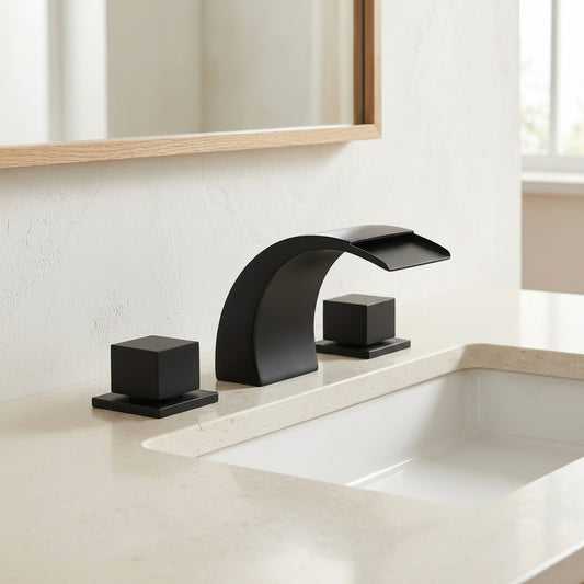 Lagomel waterfall double-handle widespread bathroom faucet in matte black, brushed nickel, chrome, set in a Modern/Contemporary/Minimalist bathroom
