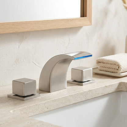 Lagomel waterfall double-handle widespread bathroom faucet, set in a Modern/Contemporary bathroom