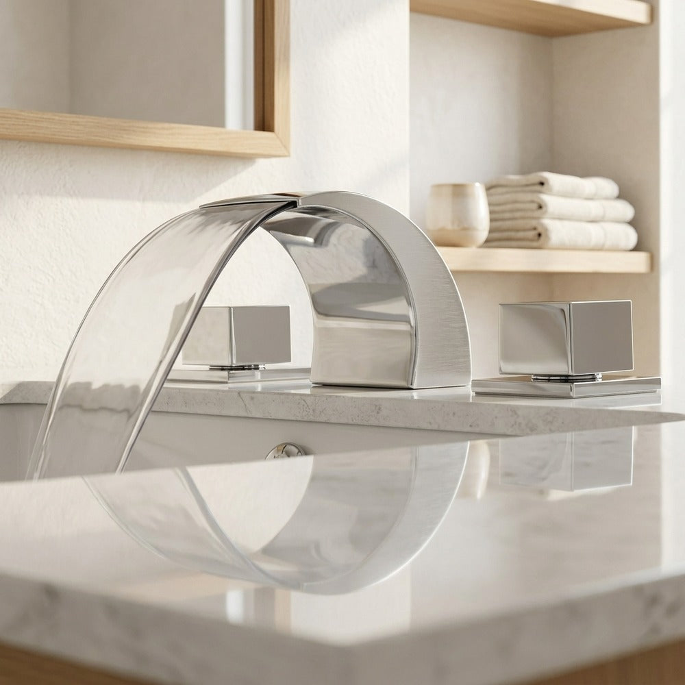 Lagomel waterfall double-handle widespread bathroom faucet, set in a Modern/Contemporary bathroom