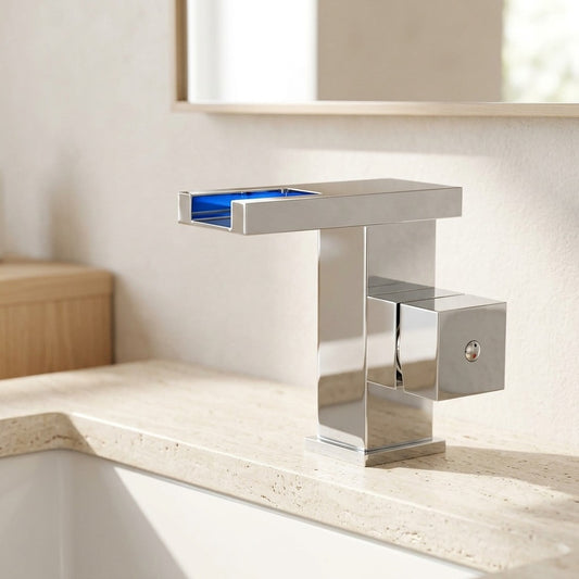 Lagomel waterfall single-hole bathroom faucet in chrome, set in a Modern/Contemporary bathroom