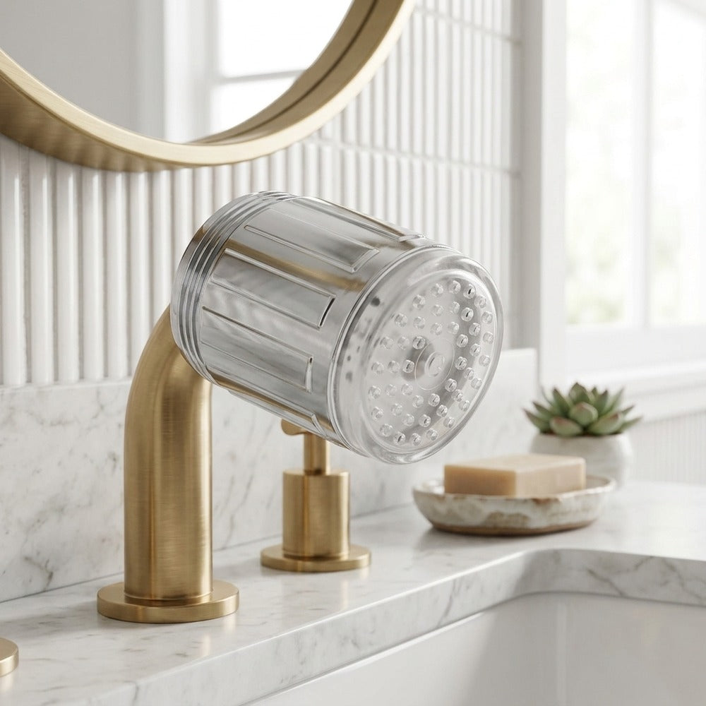 Lagomel faucet aerator in chrome, set in a Modern bathroom