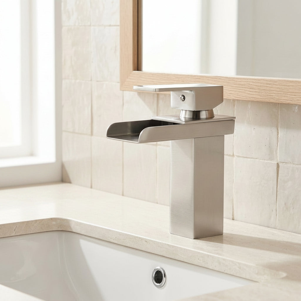 Lagomel waterfall single-hole bathroom faucet in brushed nickel, chrome, polished gold, matte black, set in a Modern/Contemporary bathroom