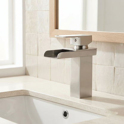 Lagomel waterfall single-hole bathroom faucet in brushed nickel, chrome, polished gold, matte black, set in a Modern/Contemporary bathroom