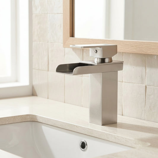 Lagomel waterfall single-hole bathroom faucet in brushed nickel, chrome, polished gold, matte black, set in a Modern/Contemporary bathroom