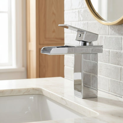 Lagomel waterfall single-hole bathroom faucet, set in a Modern/Minimalist bathroom