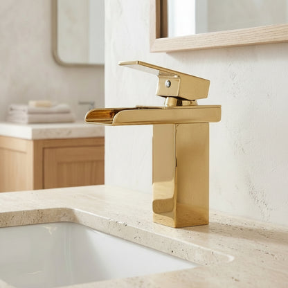 Lagomel waterfall single-hole bathroom faucet, set in a Modern/Minimalist bathroom