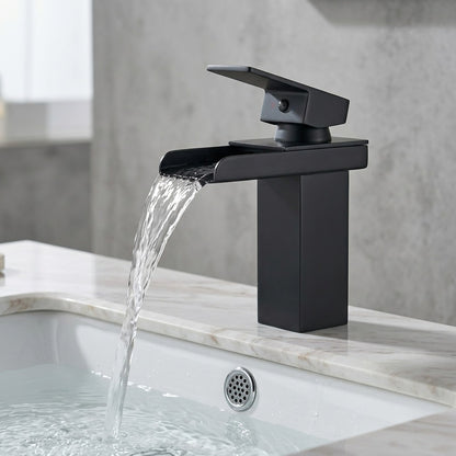Lagomel waterfall single-hole bathroom faucet, set in a Modern/Minimalist bathroom