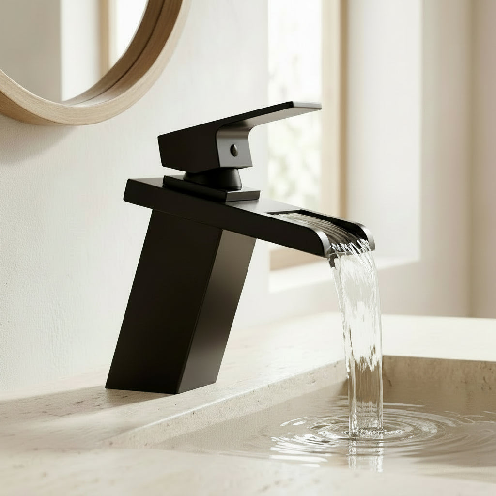 Lagomel waterfall single-hole bathroom faucet in oil-rubbed bronze, set in a Traditional/Classic/Vintage/Retro/Art Deco bathroom