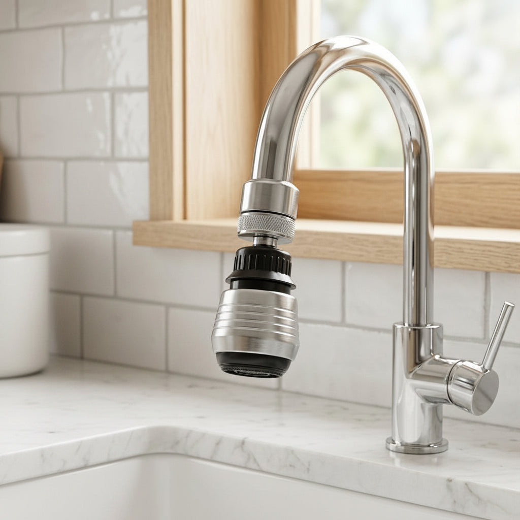 Lagomel faucet aerator in chrome, set in a Modern bathroom