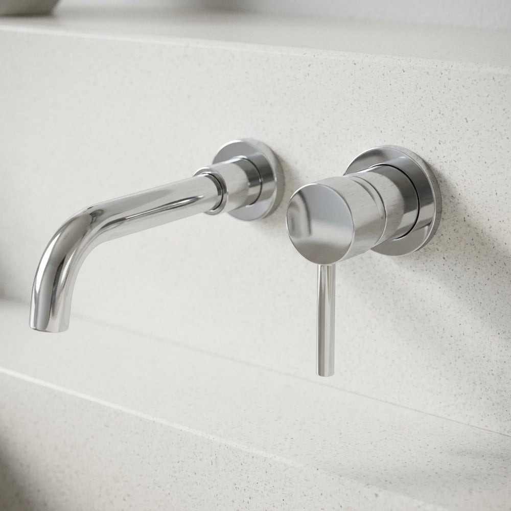 Lagomel single-handle wall-mount bathroom faucet in chrome, set in a Modern/Contemporary bathroom