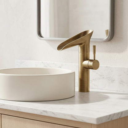 Lagomel waterfall single-handle vessel sink faucet in antique brass, matte black, chrome, set in a Traditional/Classic/Vintage/Retro bathroom