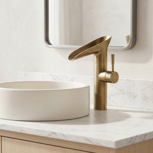 Lagomel waterfall single-handle vessel sink faucet in antique brass, matte black, chrome, set in a Traditional/Classic/Vintage/Retro bathroom