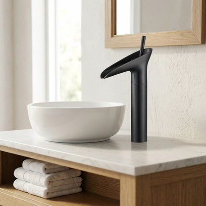 Lagomel waterfall single-handle vessel sink faucet, set in a Modern/Contemporary bathroom