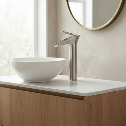 Lagomel waterfall single-handle vessel sink faucet, set in a Modern/Contemporary bathroom