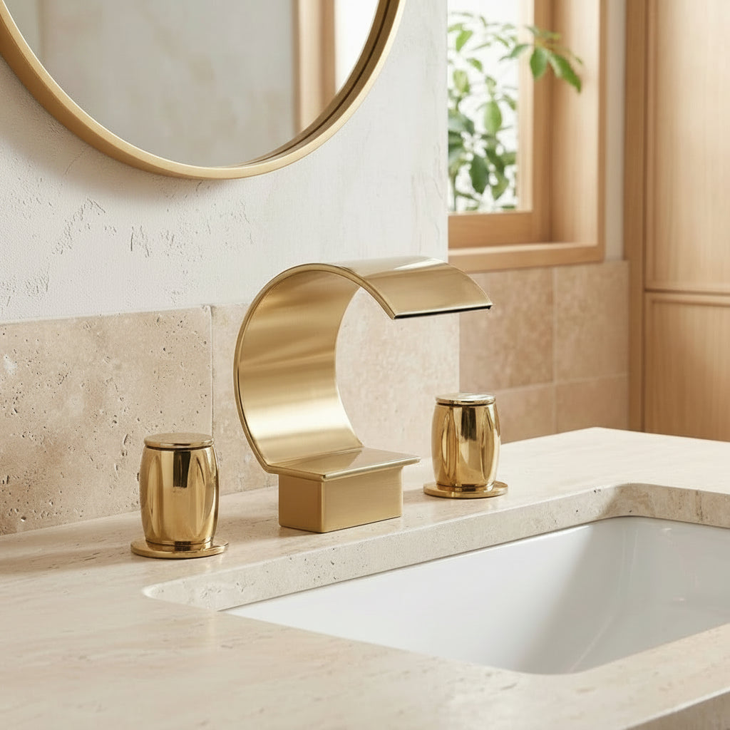 Lagomel waterfall widespread bathroom faucet in polished gold, matte black, set in a Contemporary bathroom