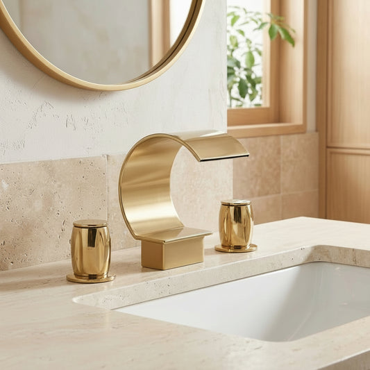 Lagomel waterfall widespread bathroom faucet in polished gold, matte black, set in a Contemporary bathroom