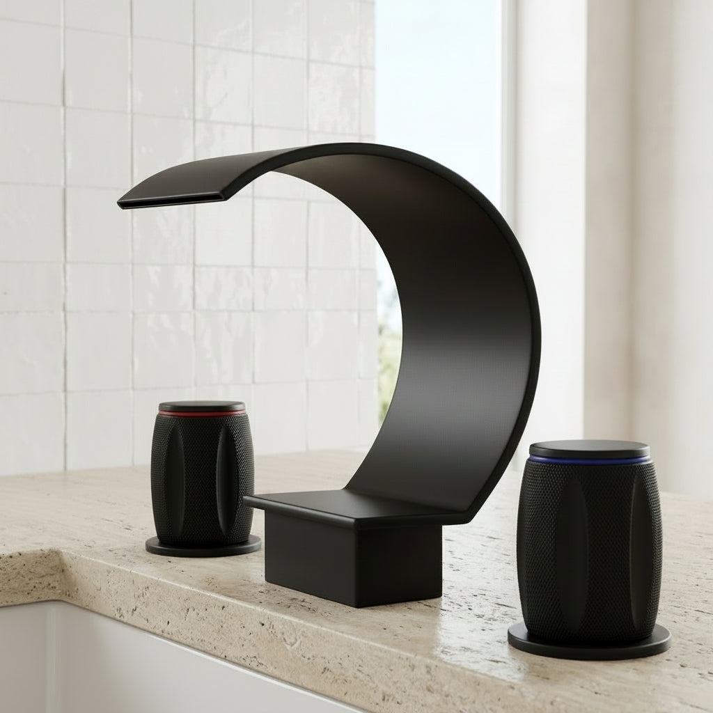 Lagomel waterfall widespread bathroom faucet, set in a Modern/Contemporary bathroom