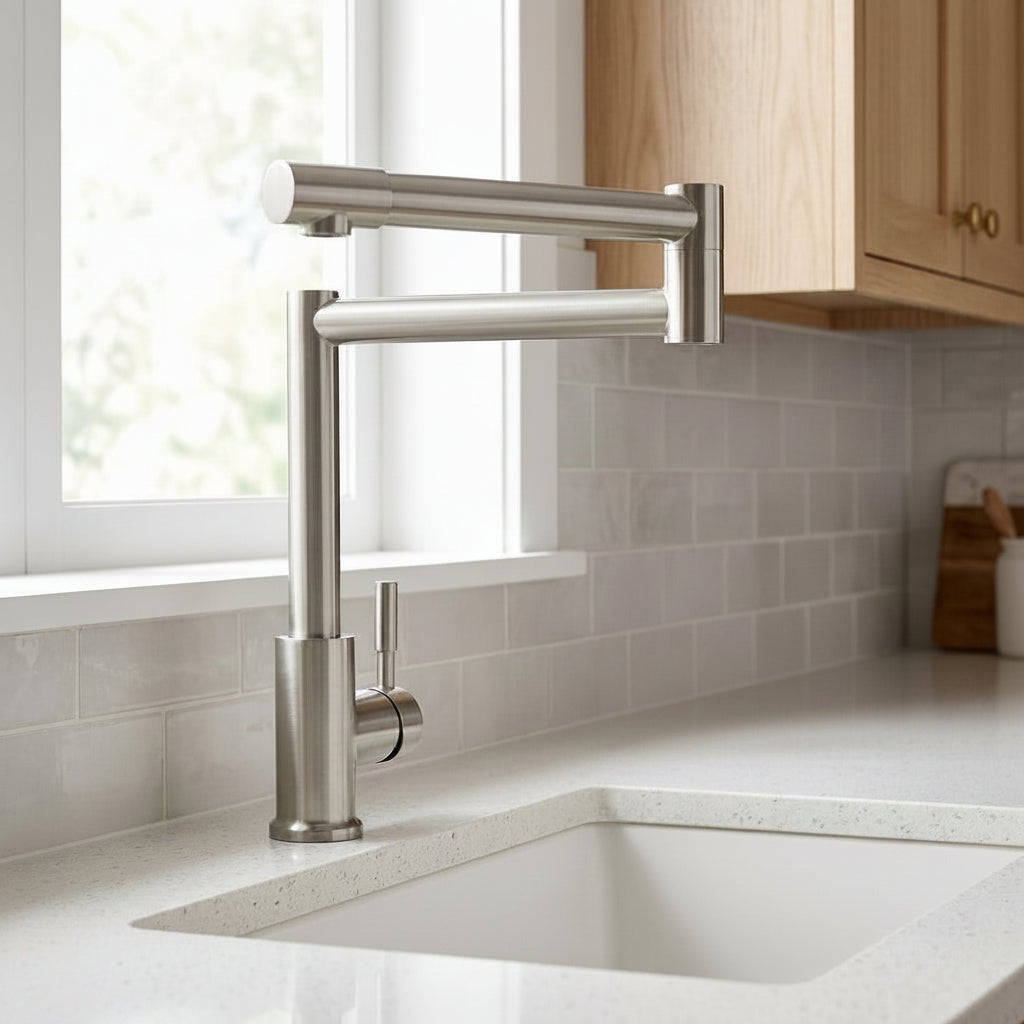 Lagomel single-handle kitchen faucet in brushed nickel, set in a Contemporary kitchen