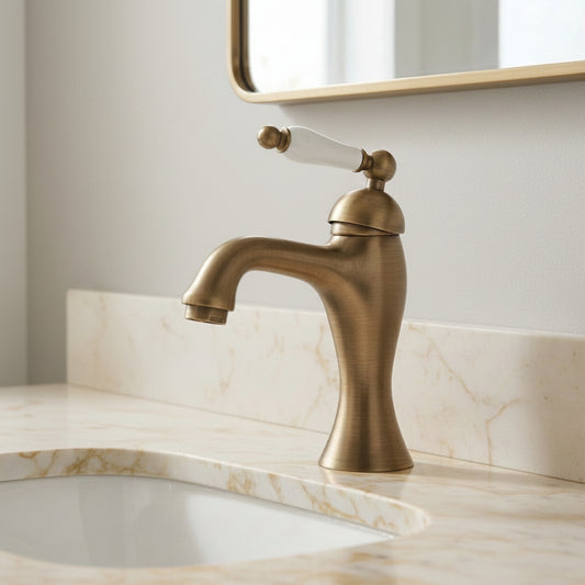Lagomel single-hole bathroom faucet in antique brass, set in a Traditional/Classic/Vintage/Retro bathroom