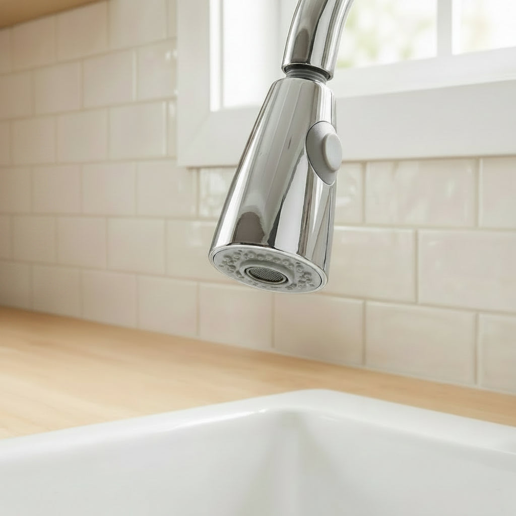Lagomel pull-down replacement spray head in chrome, set in a Modern kitchen