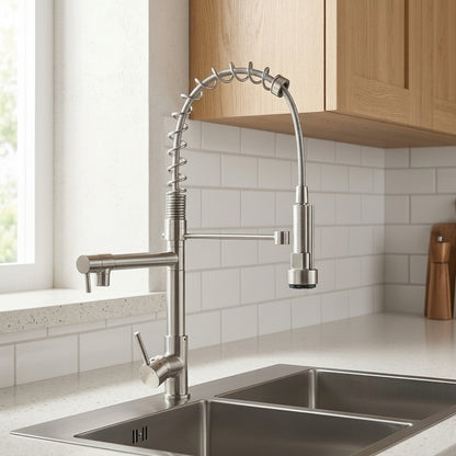 Lagomel pull-down single-handle pre-rinse kitchen faucet in brushed nickel, set in a Contemporary kitchen
