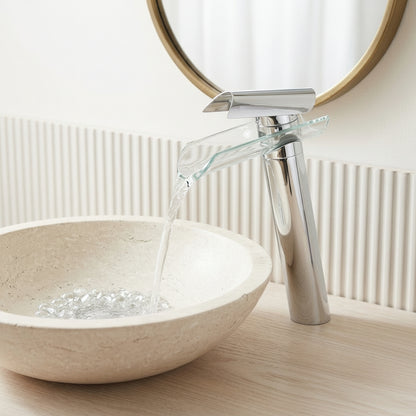 Lagomel waterfall single-handle vessel sink faucet in chrome, set in a Modern/Contemporary bathroom