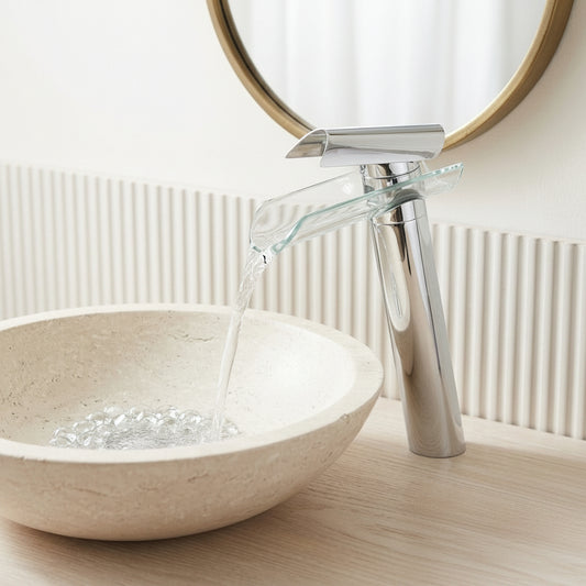 Lagomel waterfall single-handle vessel sink faucet in chrome, set in a Modern/Contemporary bathroom