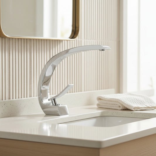 Lagomel single-hole bathroom faucet in chrome, matte black, polished gold, rose gold, set in a Modern/Contemporary bathroom