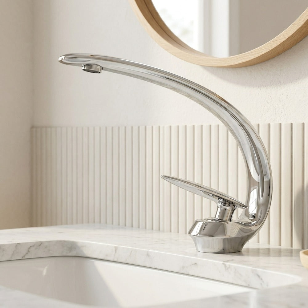 Lagomel single-hole bathroom faucet in chrome, set in a Modern/Contemporary bathroom