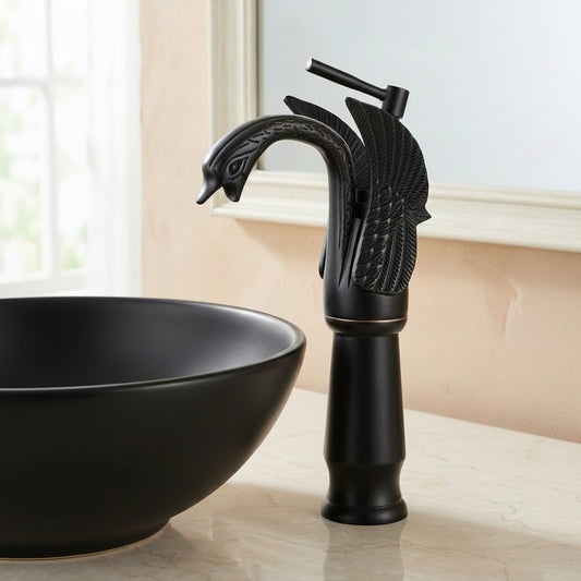 Lagomel single-handle vessel sink faucet in oil-rubbed bronze, set in a Traditional/Classic bathroom