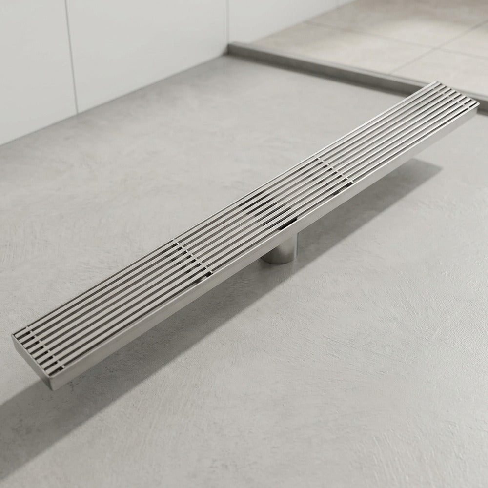 Lagomel linear floor drain in stainless steel, set in a Modern bathroom